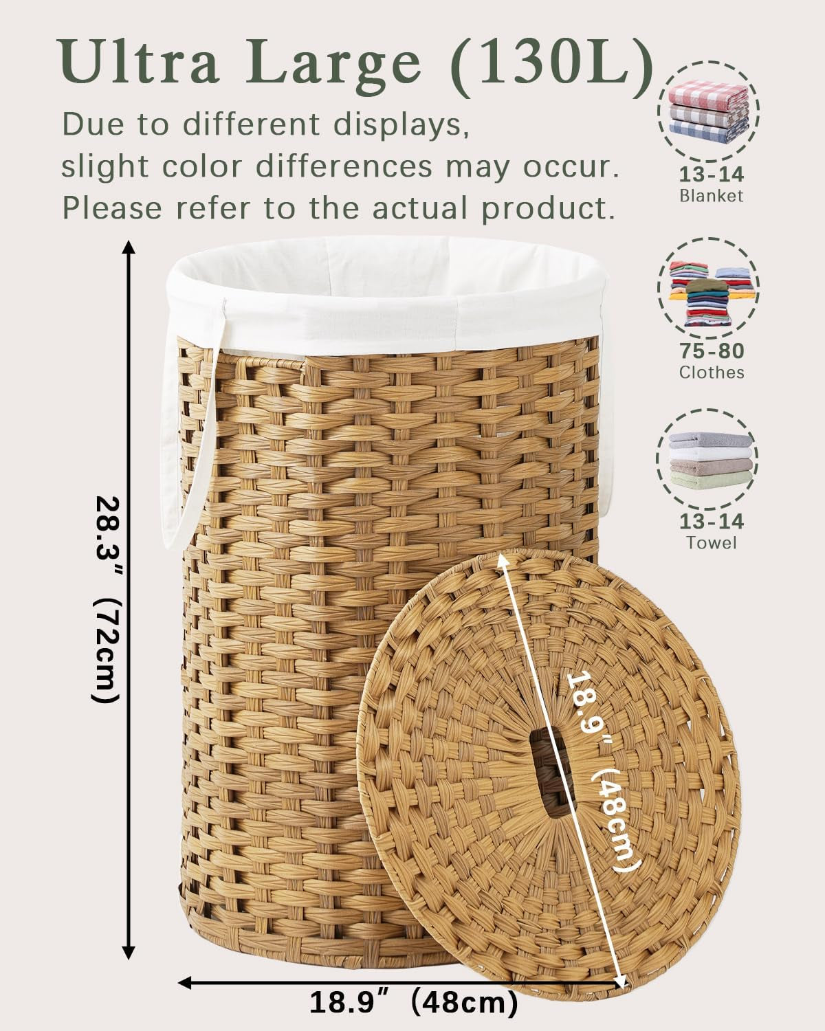 Large Laundry Hamper Laundry Basket round 34.3 Gal (130 L) Handwoven Wicker Laundry Baskets Rattan Laundry Basket with Laundry Bag Handles 2 Mesh Bags for Living Room Bedroom Natural