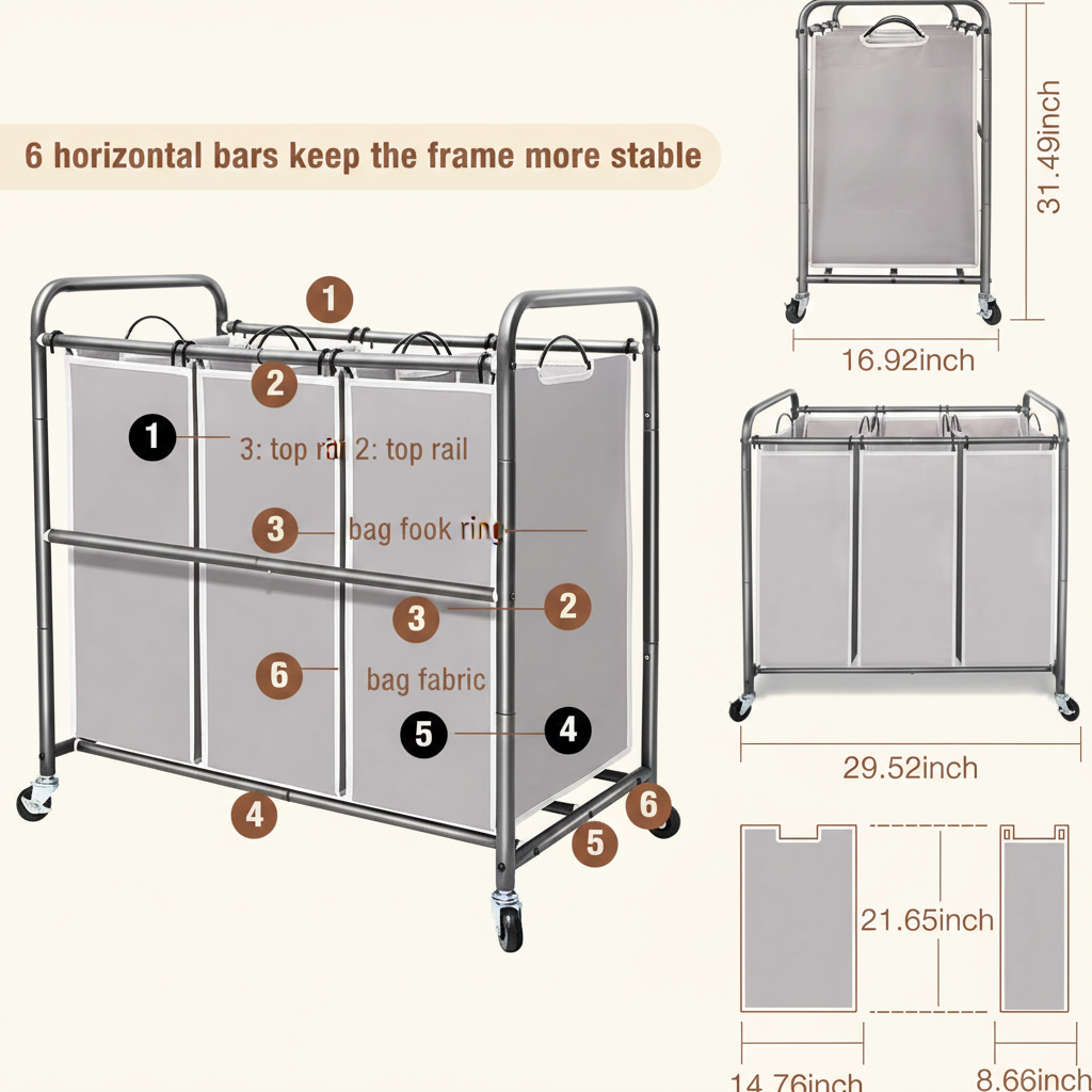 LIND 5-Bag Laundry Sorter Cart, 3-bag configuration dimensions