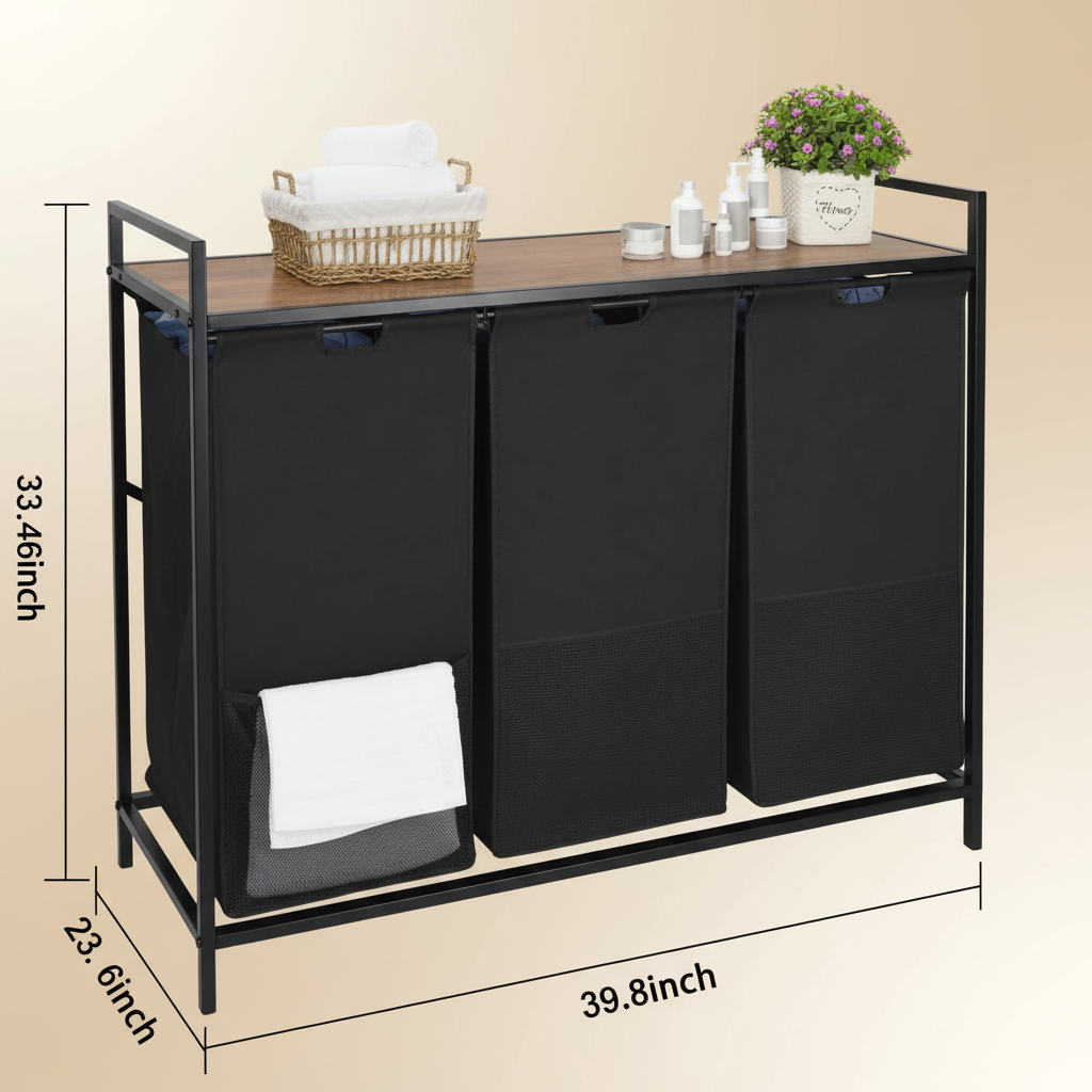 LIND 3-Section Laundry Hamper with shelf, 210L, dimensions