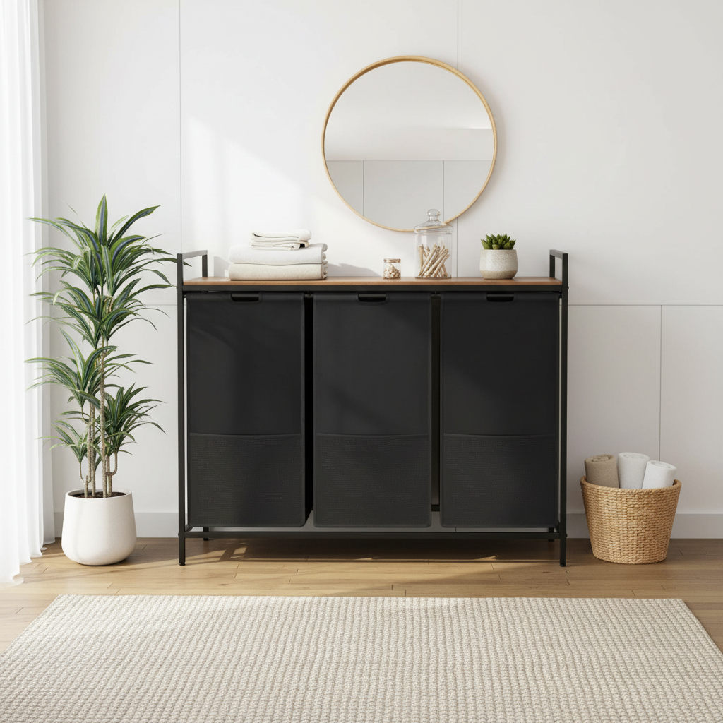LIND 3-Section Laundry Hamper with shelf, lifestyle view