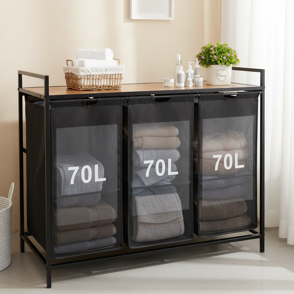 LIND 210L three-section laundry hamper with top storage shelf