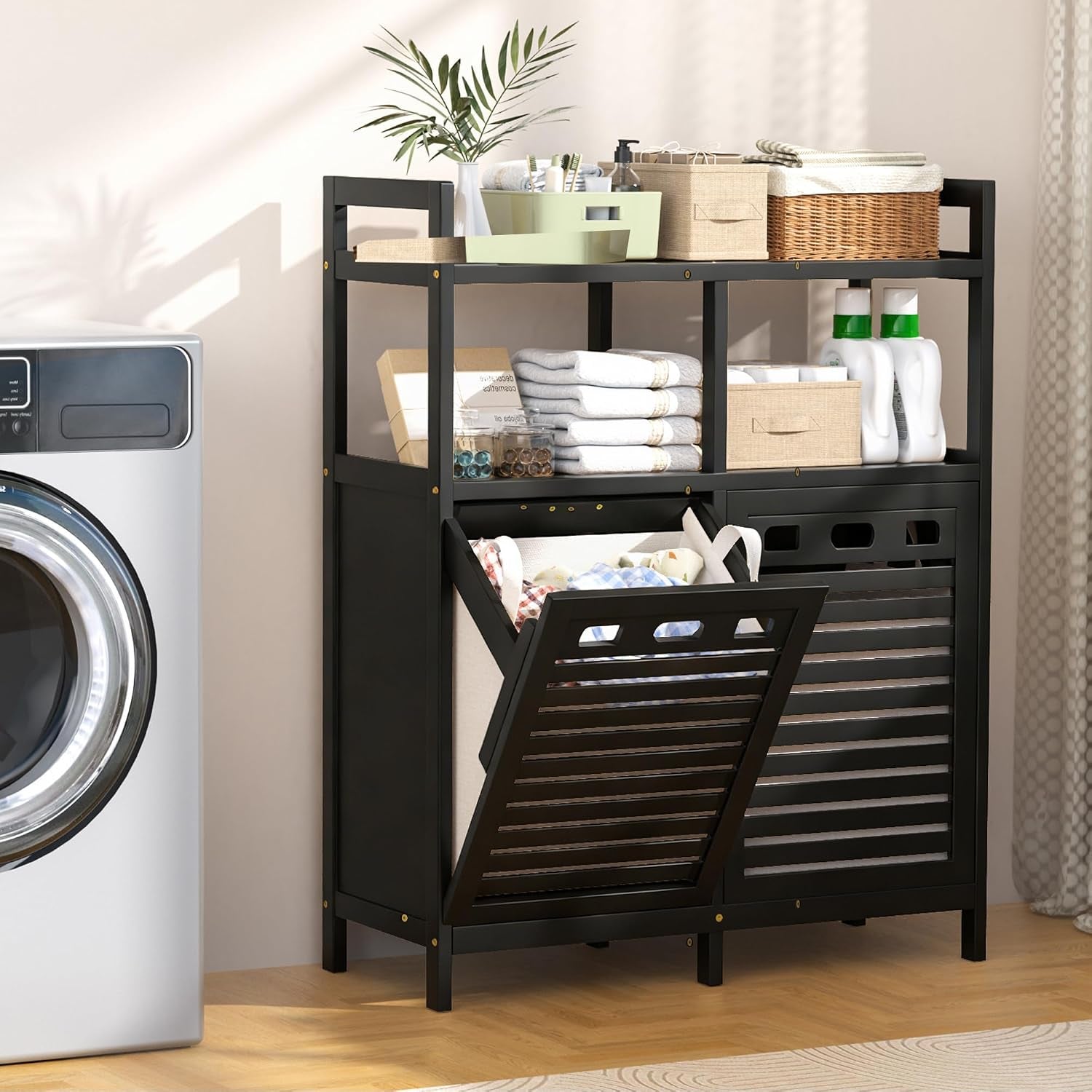 Tilt Out Laundry Hamper Cabinet, Bamboo Double Laundry Hamper with 2 Removable Laundry Baskets, 20 Gal Laundry Sorter Organizer with Shelf for Dirty Clothes, Bathroom, Laundry Room, Natural