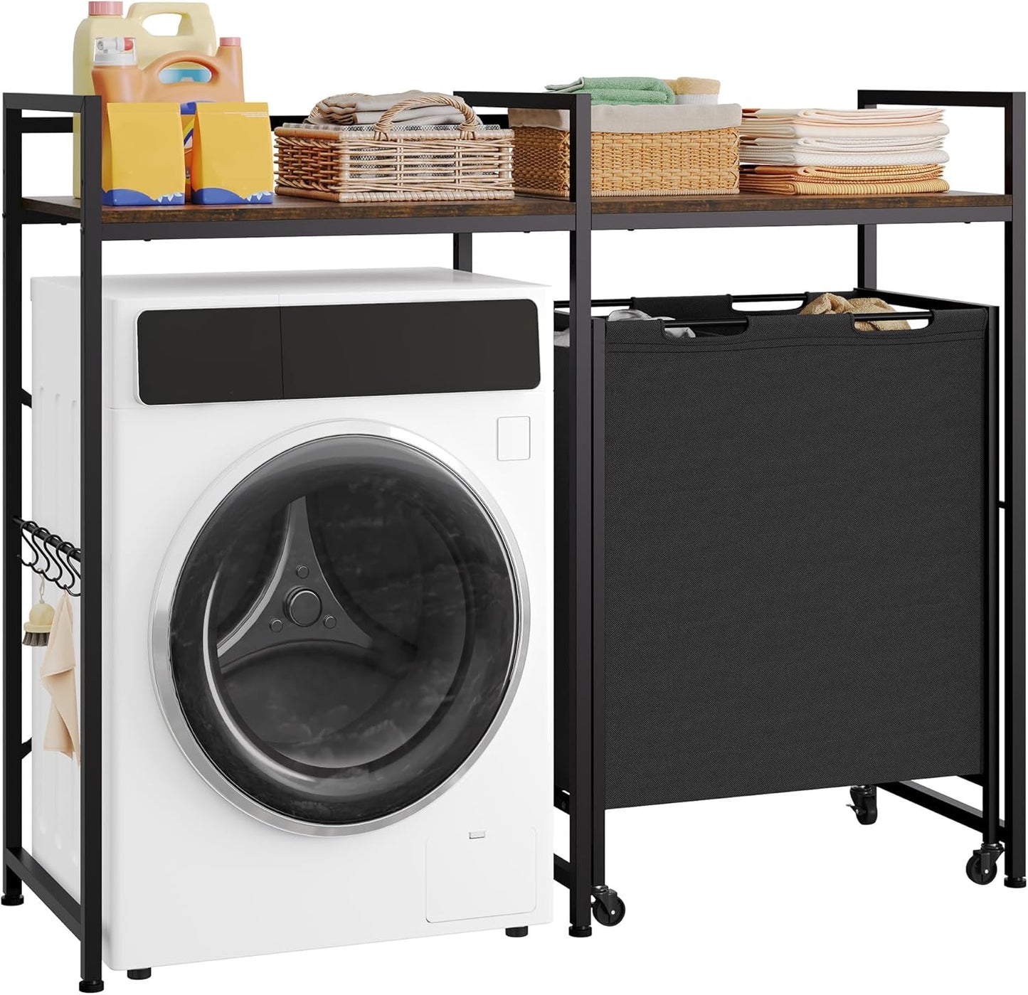 over Washer and Dryer Shelves, Standing Shelf with Wheels 68.7 Gal Rolling Laundry Hamper with Shelf/Hooks, over Washer Storage Portable Laundry Cart Bathroom Organization, 55" H X 47.20" W