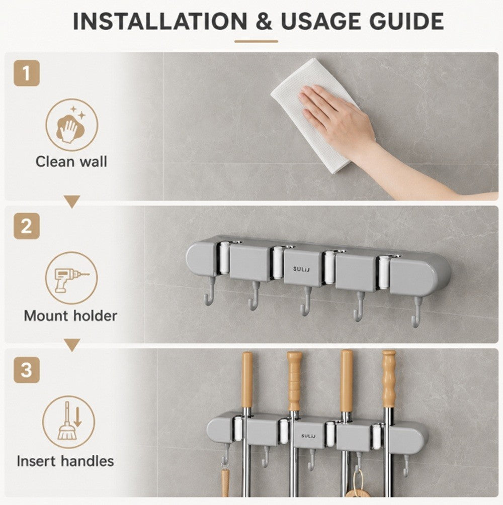 Wall Mounted Broom Mop Holder Organizer Rack 4 Slots 5 Hooks Garage Storage