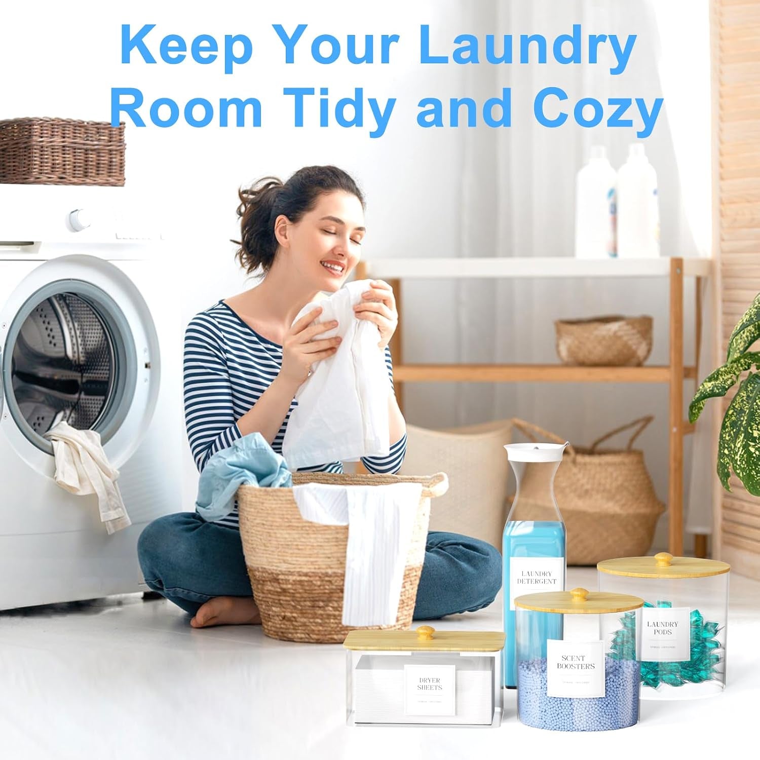 3+1 Pack Laundry Pods Containers & Dryer Sheet Holder & Laundry Detergent Dispenser, Laundry Room Organization and Storage Jars with Lids, Labels and Scoops for Scent Booster, Powder, Pods