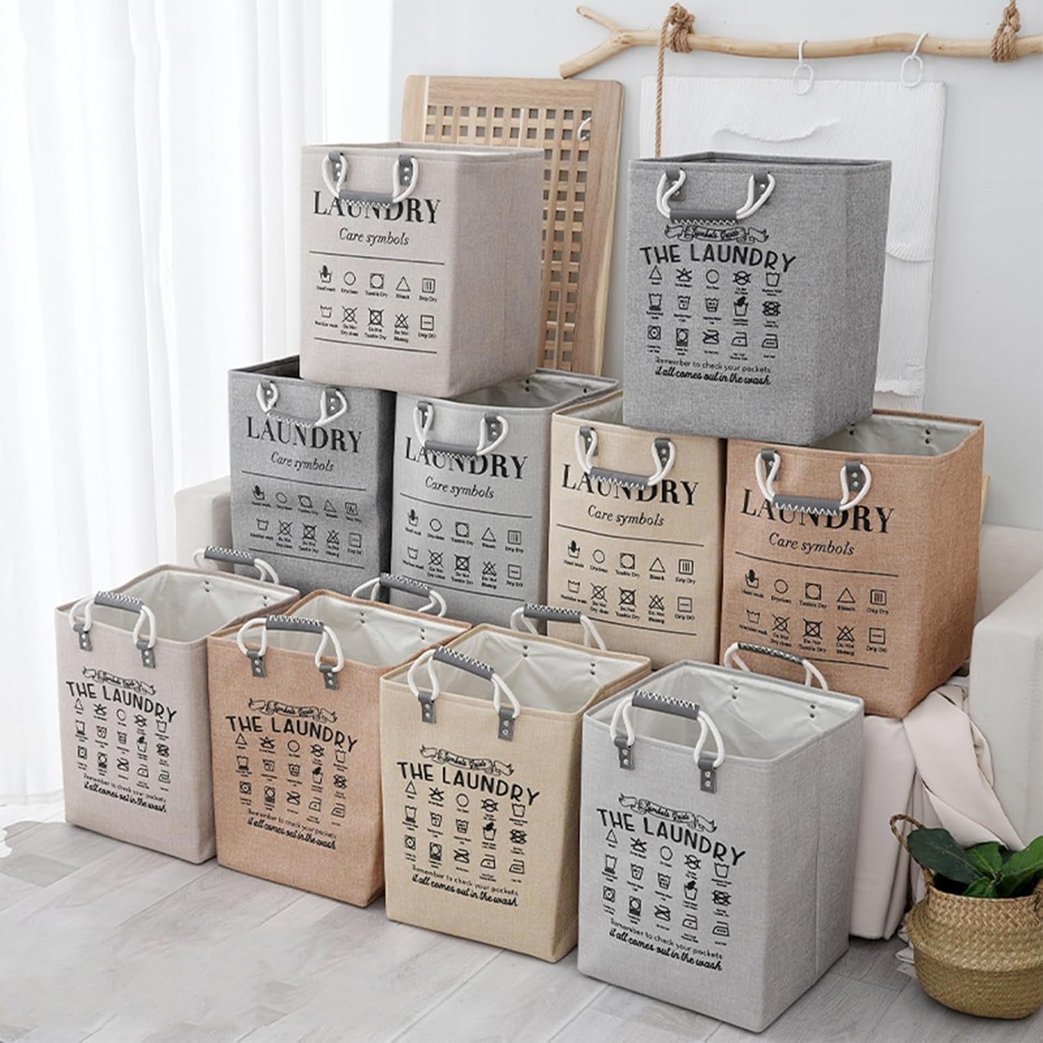 Small Laundry Basket, 50L Foldable Laundry Hamper Organizer with Handles, Fashion Portable Laundry Basket in Bedroom, Laundry Room, Closet, Bathroom, College Dorm (Beige)