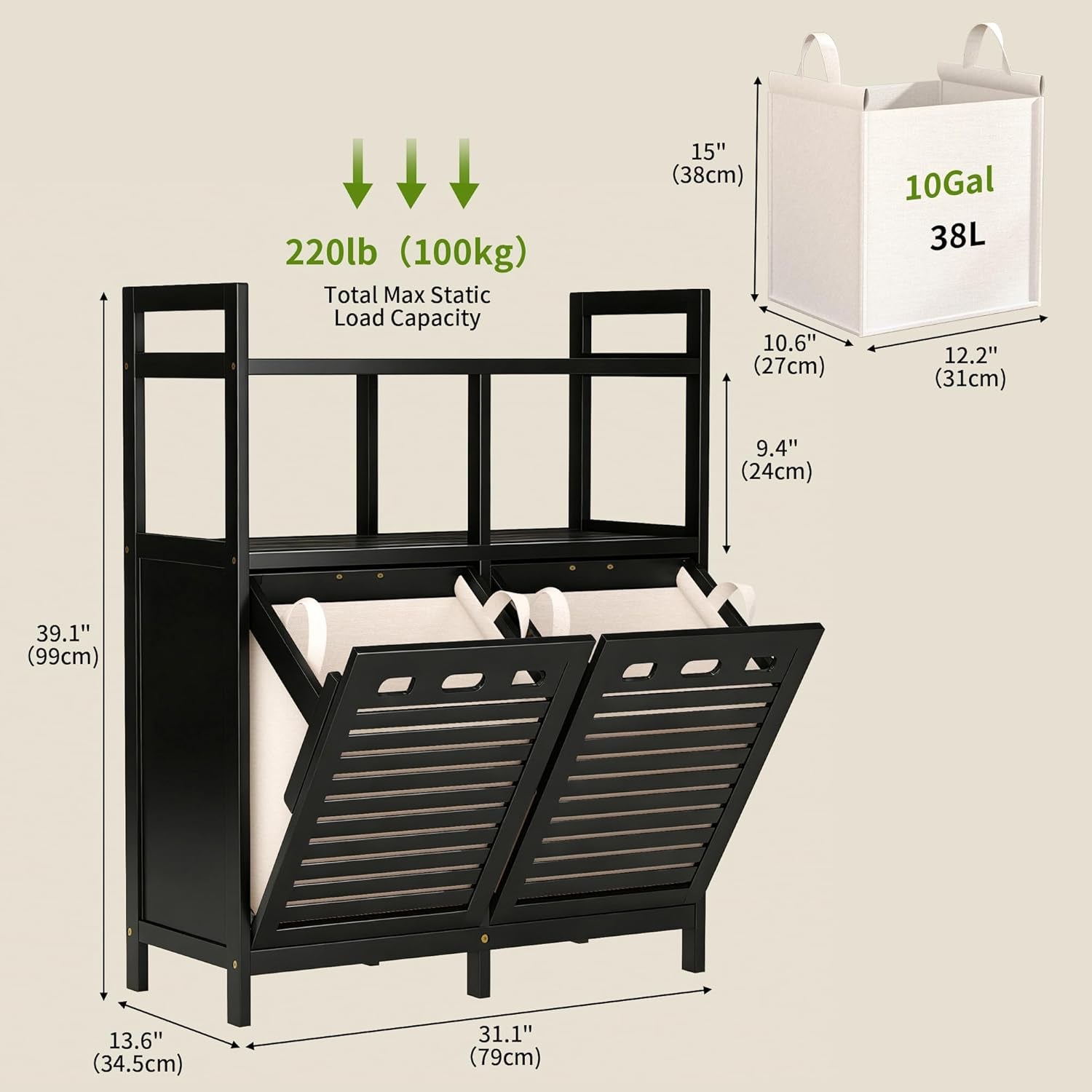 Tilt Out Laundry Hamper Cabinet, Bamboo Double Laundry Hamper with 2 Removable Laundry Baskets, 20 Gal Laundry Sorter Organizer with Shelf for Dirty Clothes, Bathroom, Laundry Room, Natural