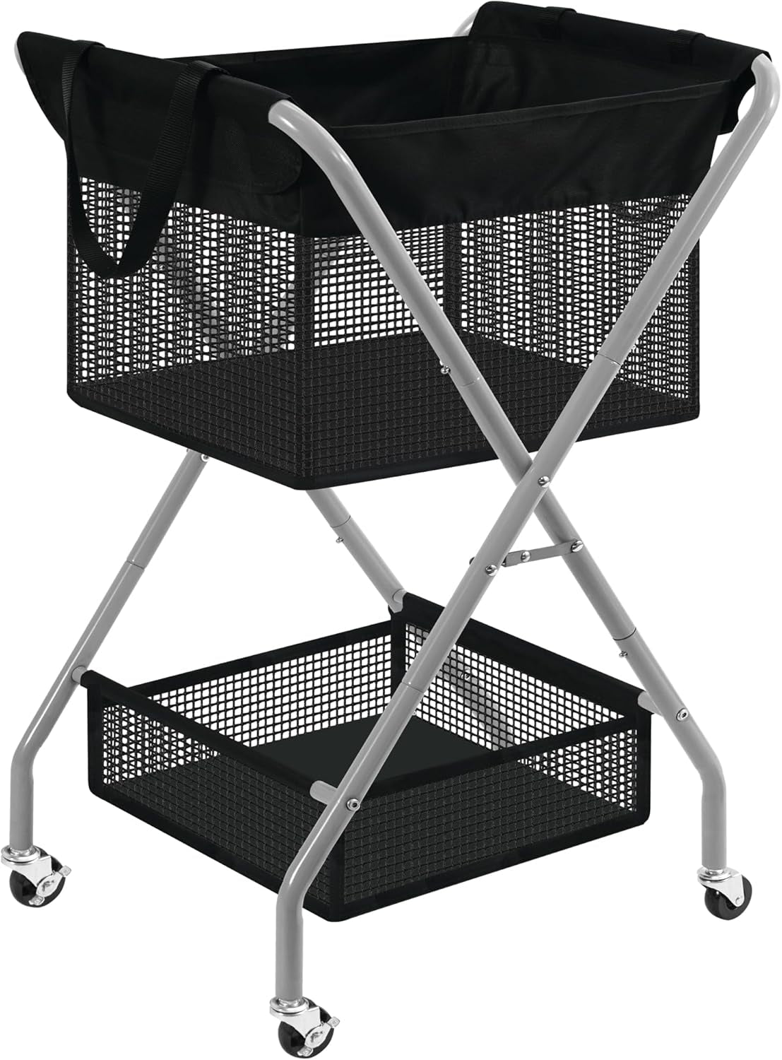 2-Tier Foldable Laundry Cart with Wheels, 75L Tall Rolling Laundry Hamper, Collapsible Laundry Basket with Removable Bag, Rust-Resistant Steel Frame for Laundry Room, Bathroom, Dorm, Black