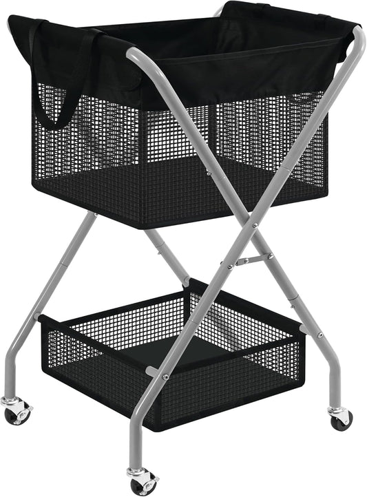 2-Tier Foldable Laundry Cart with Wheels, 75L Tall Rolling Laundry Hamper, Collapsible Laundry Basket with Removable Bag, Rust-Resistant Steel Frame for Laundry Room, Bathroom, Dorm, Black