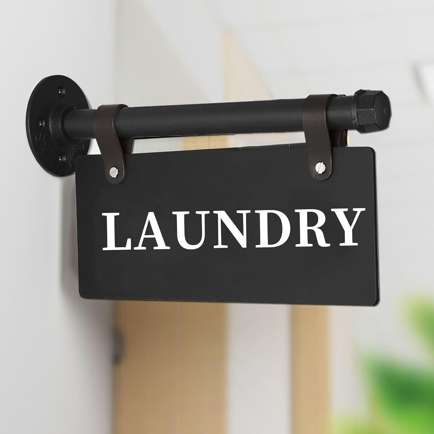 Laundry Metal Door Sign 11" X 6" Wall-Mounted Hanging Laundry Sign for Laundry Room Double-Sided Laundry Room Wall Art Decor with Bracket Modern Laundry Sign for House, Apartment, Hotel(Laundry - BLACK)