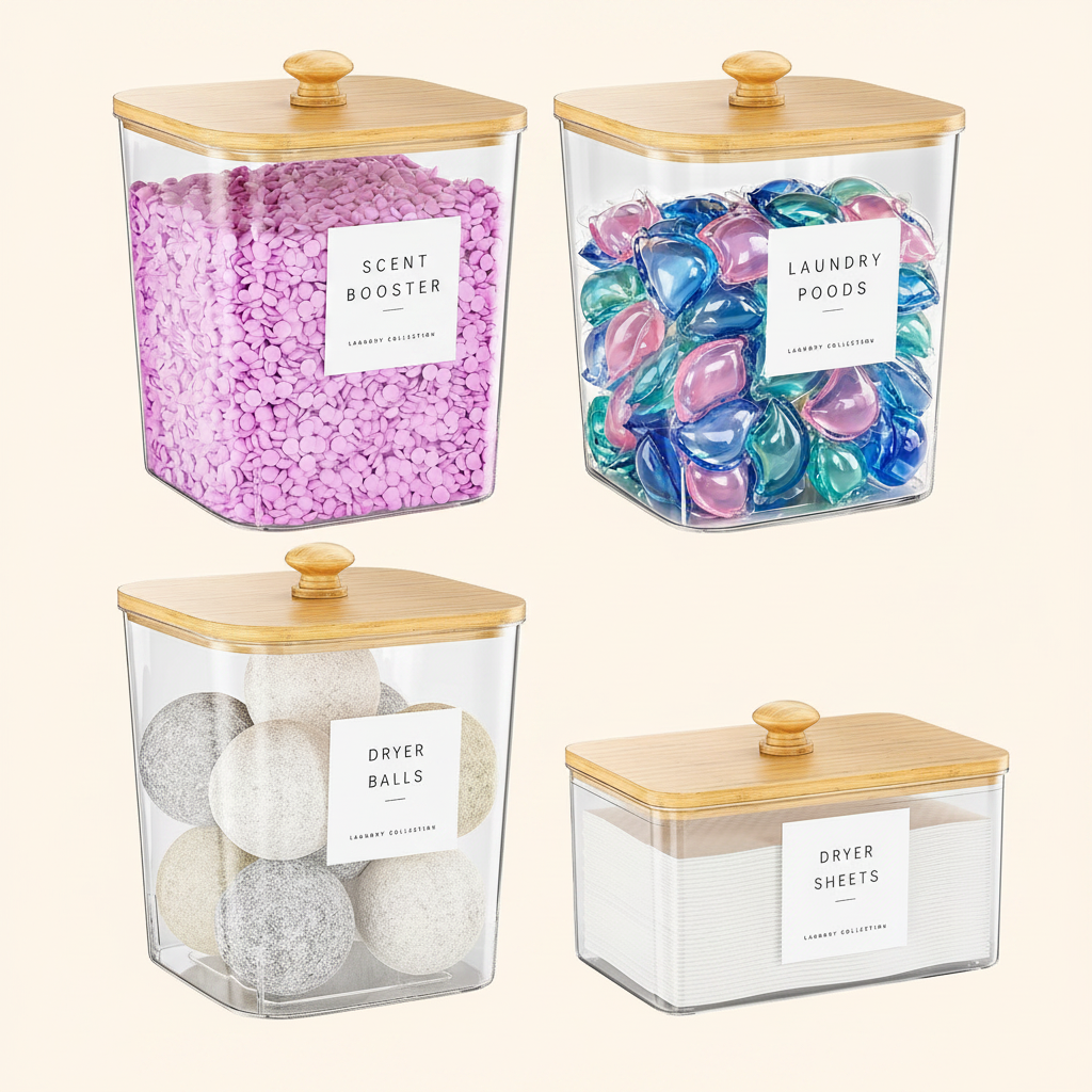 LIND Bamboo Lid Laundry Pod Jars, set of 4, flat lay