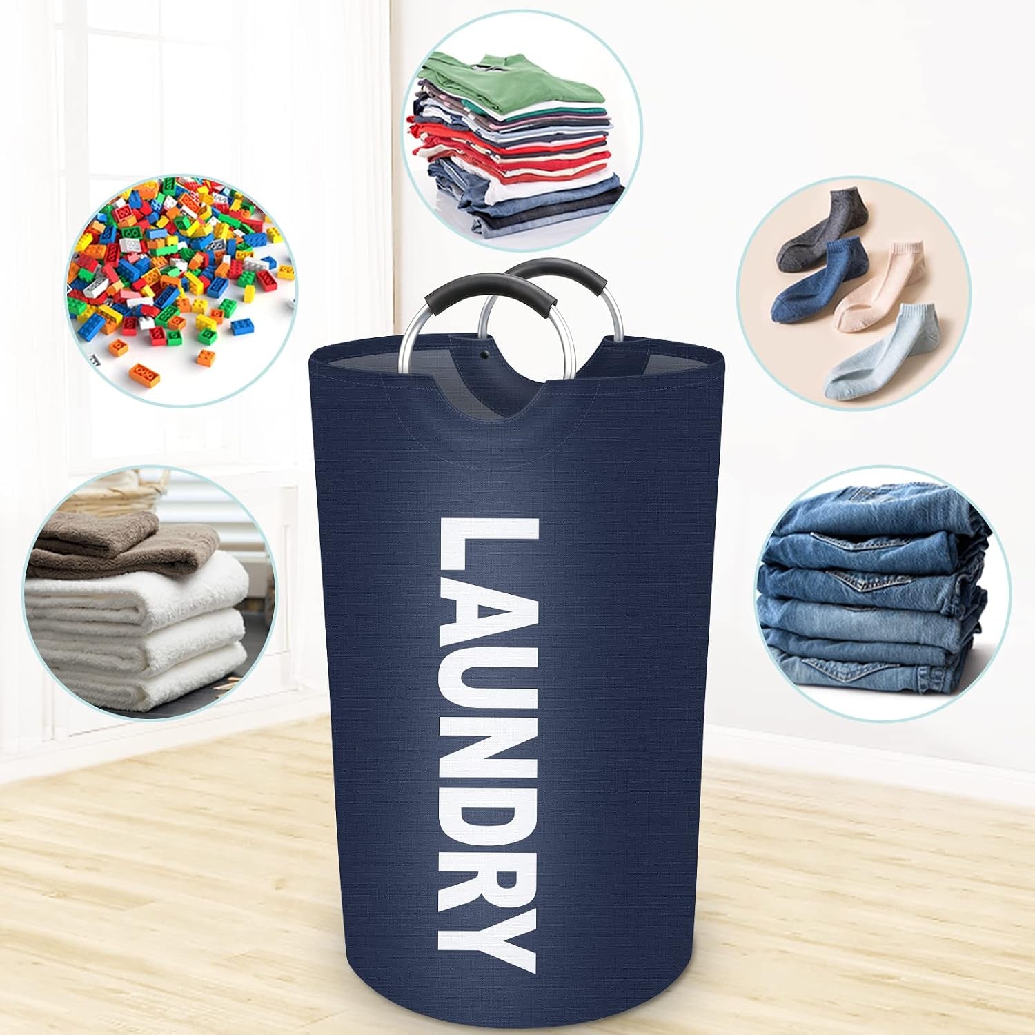90L Large Laundry Basket, Laundry Hamper, Dirty Clothes Hamper for Laundry, Collapsible, Waterproof Laundry Baskets with Foam Protected Aluminum Handles for Laundry, Dorm, Family (Blue)