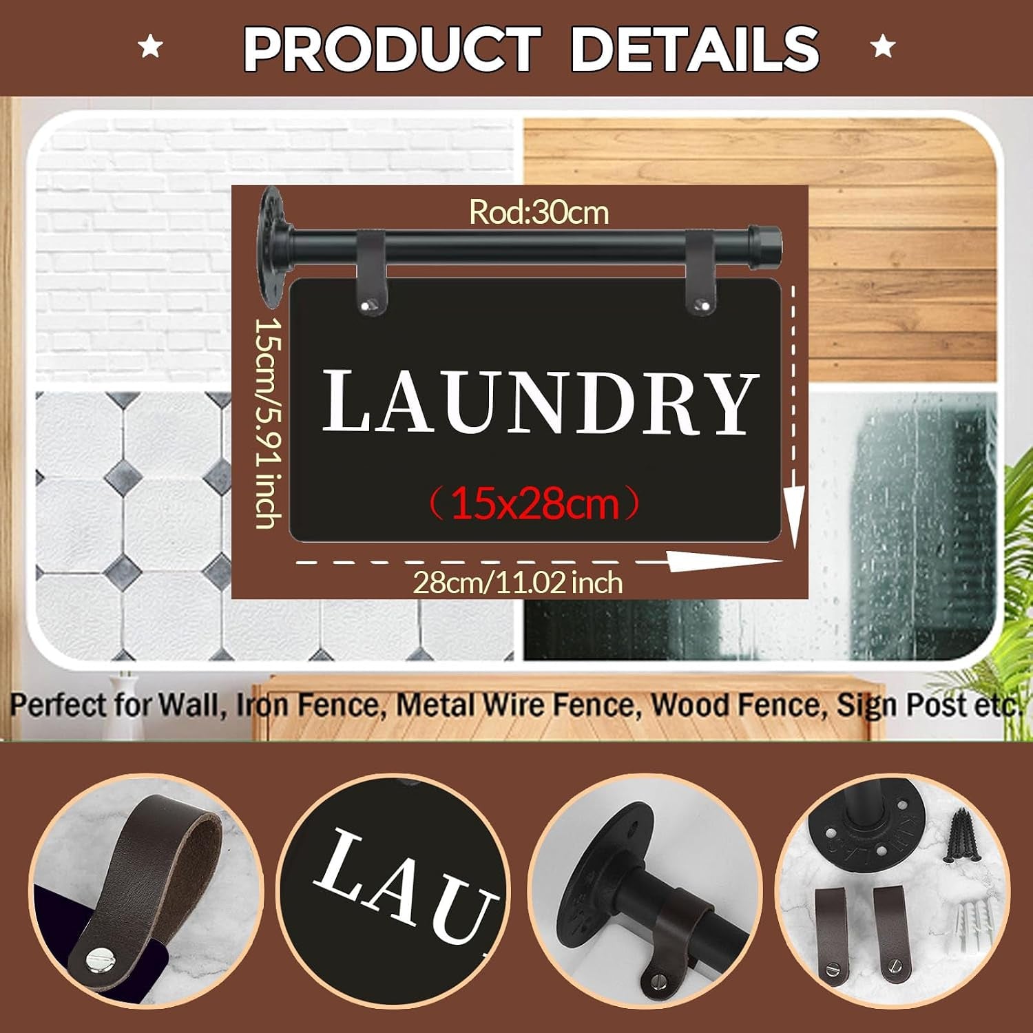 Laundry Metal Door Sign 11" X 6" Wall-Mounted Hanging Laundry Sign for Laundry Room Double-Sided Laundry Room Wall Art Decor with Bracket Modern Laundry Sign for House, Apartment, Hotel(Laundry - BLACK)
