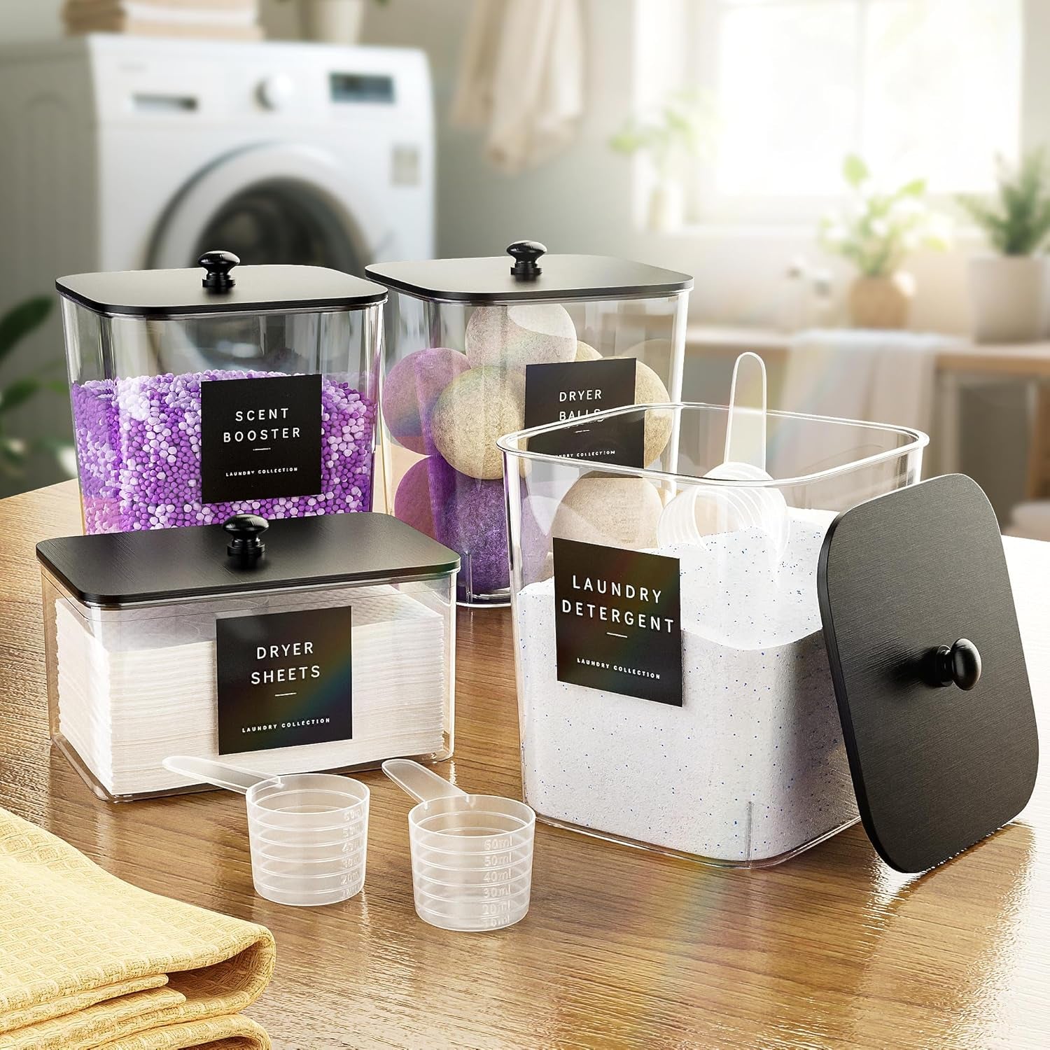 5+1Pack Laundry Pods Container, Clear Laundry Room Organization Containers,Large Detergent Powder Storage, Black Wooden Lids & Labels, Acrylic Pods Holder