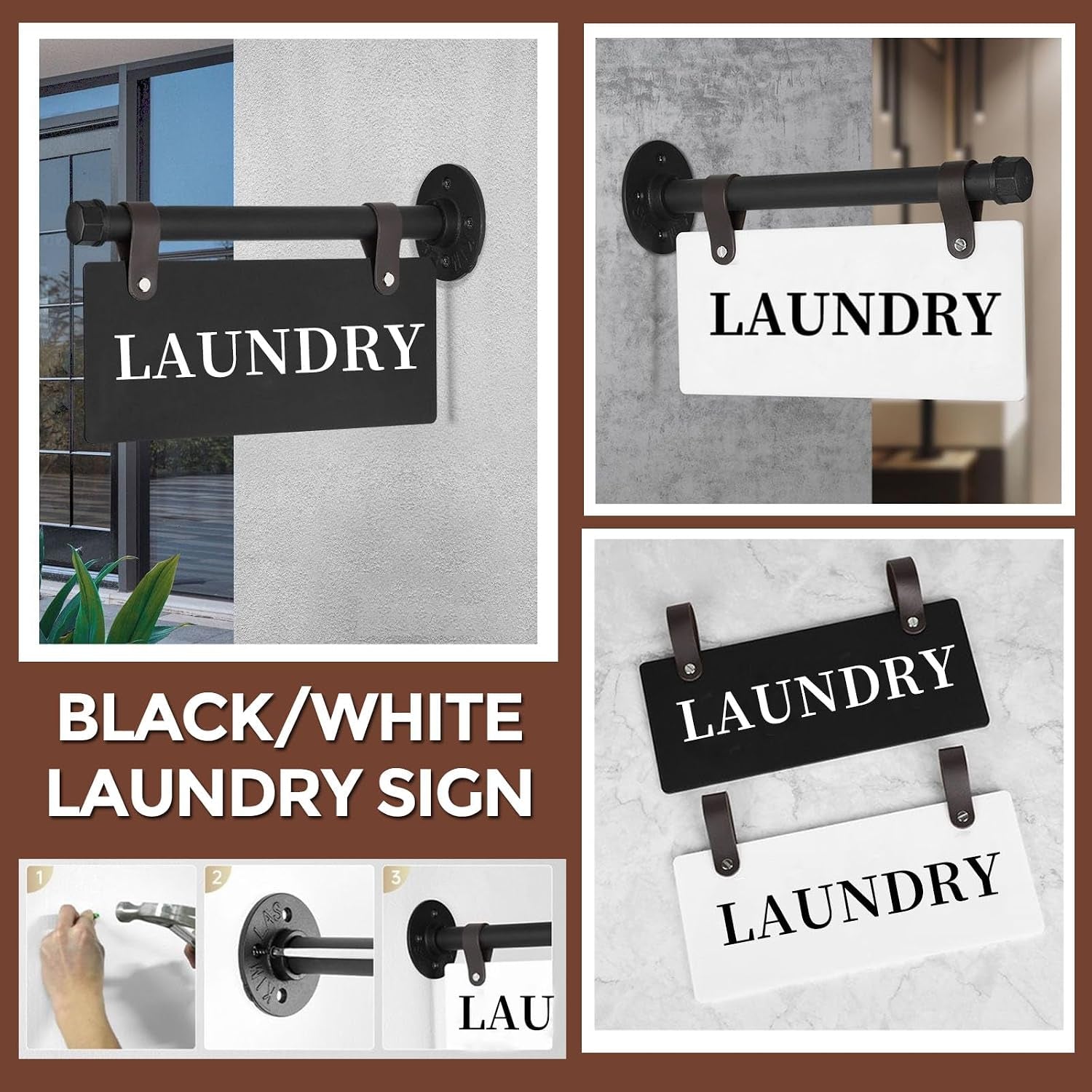 Laundry Metal Door Sign 11" X 6" Wall-Mounted Hanging Laundry Sign for Laundry Room Double-Sided Laundry Room Wall Art Decor with Bracket Modern Laundry Sign for House, Apartment, Hotel(Laundry - BLACK)