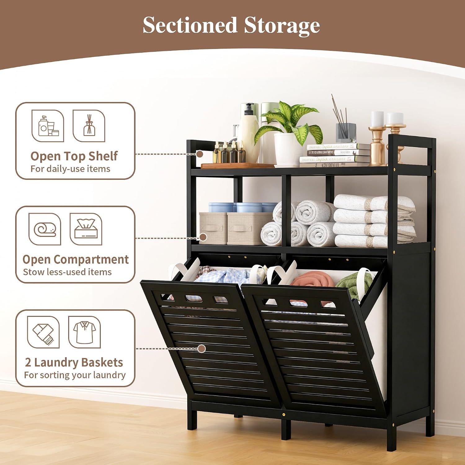 Tilt Out Laundry Hamper Cabinet, Bamboo Double Laundry Hamper with 2 Removable Laundry Baskets, 20 Gal Laundry Sorter Organizer with Shelf for Dirty Clothes, Bathroom, Laundry Room, Natural