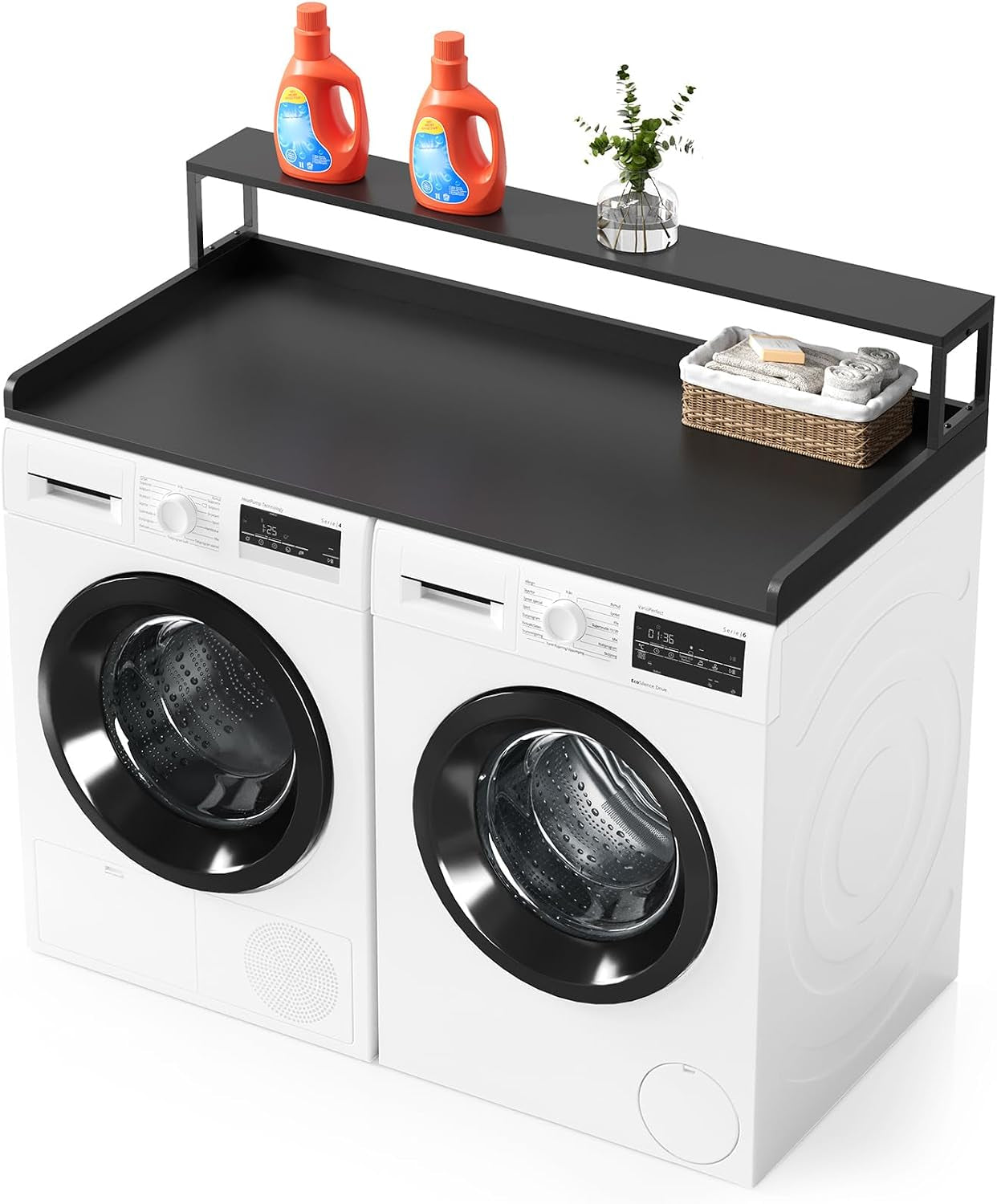 2-Tier Washer Dryer Countertop, Laundry Topper with Rack Shelf 54" Width X 27.5" Depth X 10" Height Organizer Cover for Washer and Dryer Laundry Hamper Counter Storage (Black)