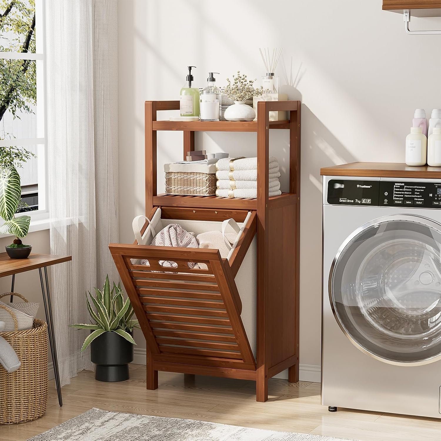 Tilt Out Laundry Hamper, 10 Gal Bamboo Laundry Storage Cabinet with Removable Basket, Hidden Hamper Organizer with Shelf for Dirty Clothes, Bathroom, Laundry Room, Space Saving, Walnut