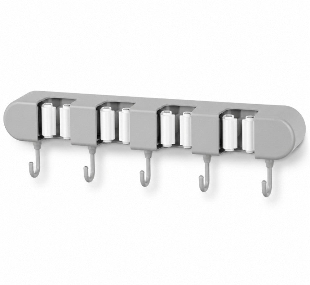 Wall Mounted Broom Mop Holder Organizer Rack 4 Slots 5 Hooks Garage Storage