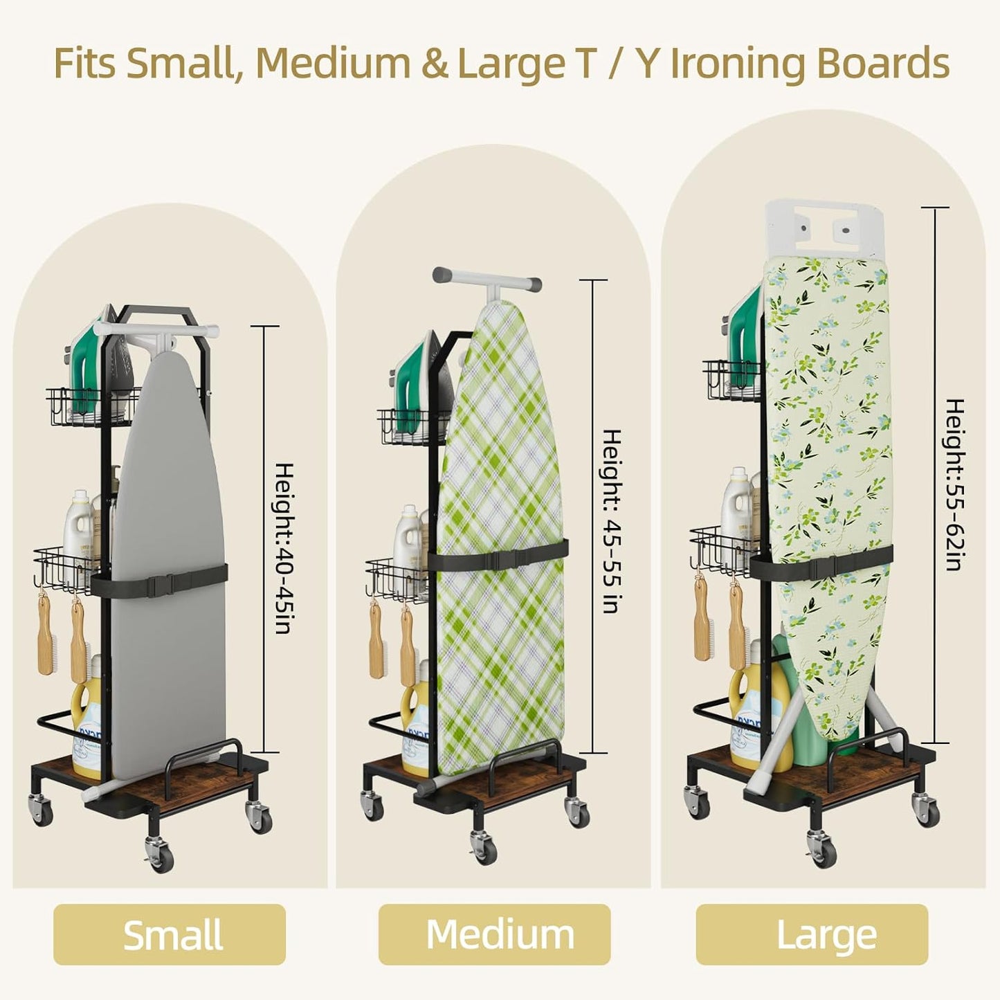 Ironing Board Holder Cart for Small & Narrow Laundry Rooms, Freestanding Iron & Ironing Board Storage Rack for T & X Boards with 3-Tier Shelves, Rolling Metal Wheels, Hooks, No Wall Mount