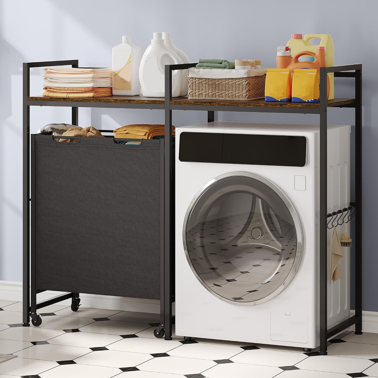 over Washer and Dryer Shelves, Standing Shelf with Wheels 68.7 Gal Rolling Laundry Hamper with Shelf/Hooks, over Washer Storage Portable Laundry Cart Bathroom Organization, 55" H X 47.20" W