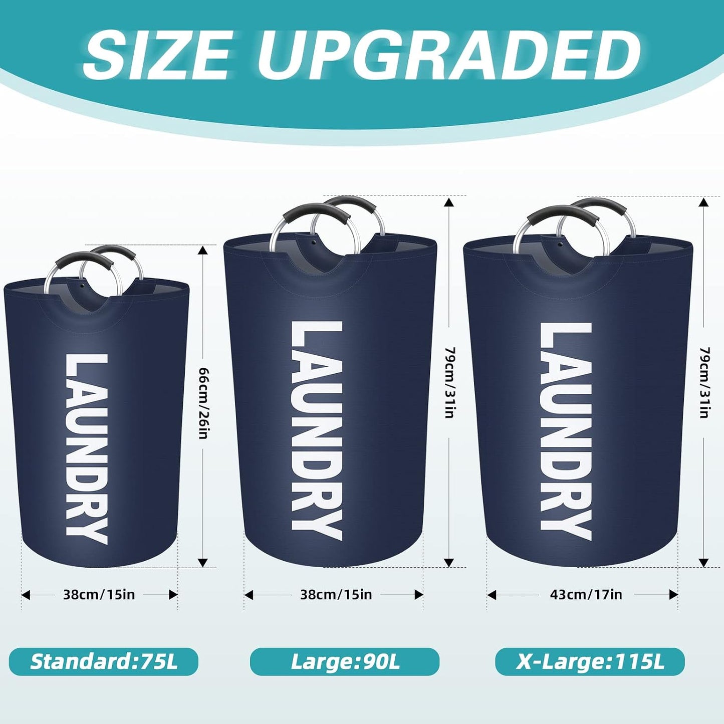 90L Large Laundry Basket, Laundry Hamper, Dirty Clothes Hamper for Laundry, Collapsible, Waterproof Laundry Baskets with Foam Protected Aluminum Handles for Laundry, Dorm, Family (Blue)