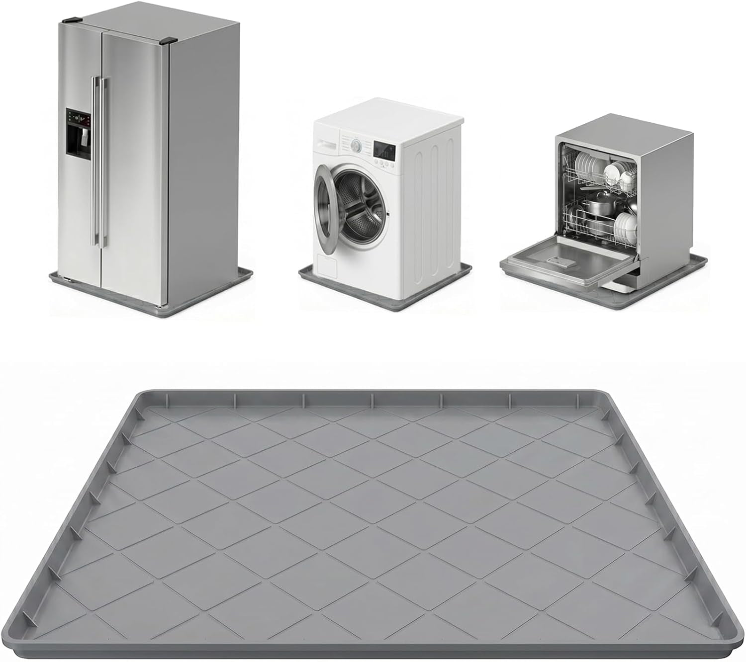 Washing Machine Pan, Drain Pan & Drip Pan, 30"X32" Thickened Silicone Mat with 1" Raised Edge, Non-Slip & Waterproof, Foldable Anti-Vibration Floor Protector for Laundry & Dryer - Grey - BLOFK