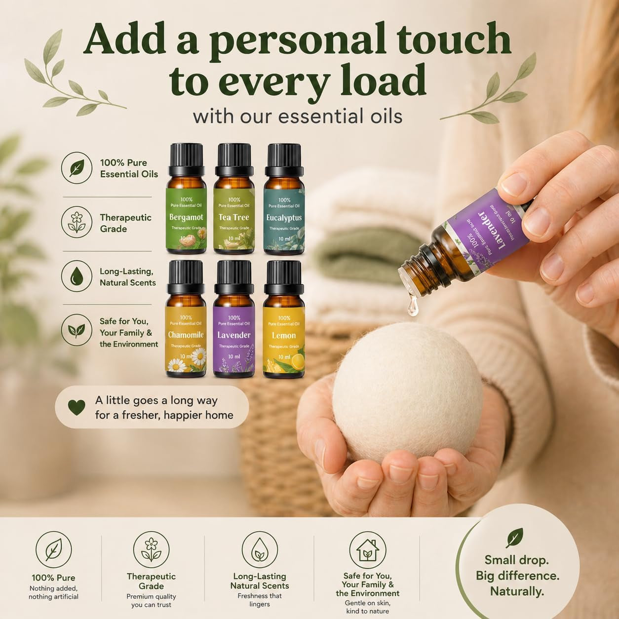 Wool Dryer Balls & Essential Oils for Laundry Bundle – 6 XL Puppy Reusable Dryer Balls with 6 Pack Essential Oils for Dryer Balls, Diffusers & Natural Fabric Softening