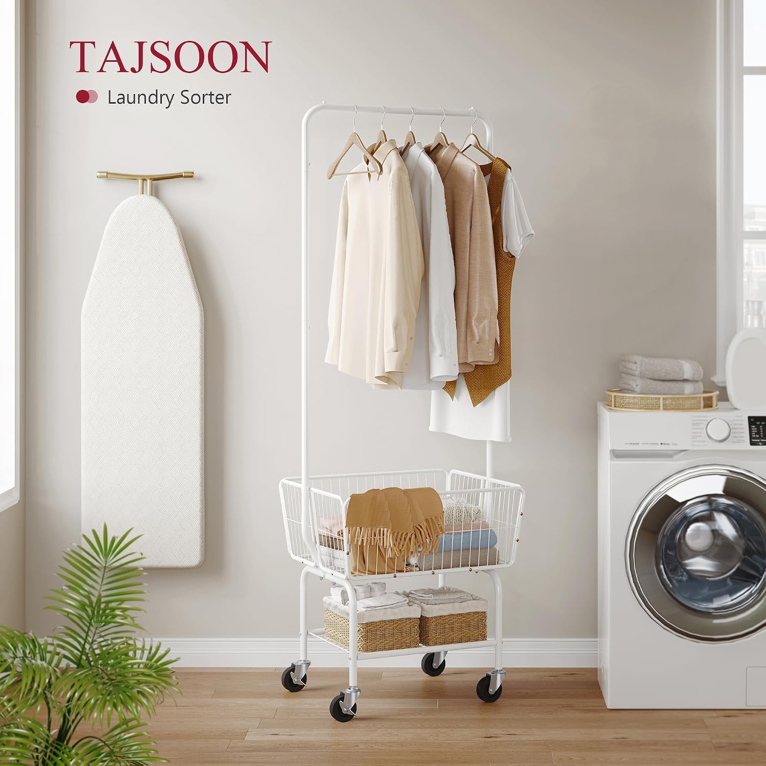 Laundry Cart with Hanging Rack, Metal Laundry Basket with Wheels, Laundry Hamper with Storage Basket and Shelf, Rolling Laundry Cart with Wheels, White