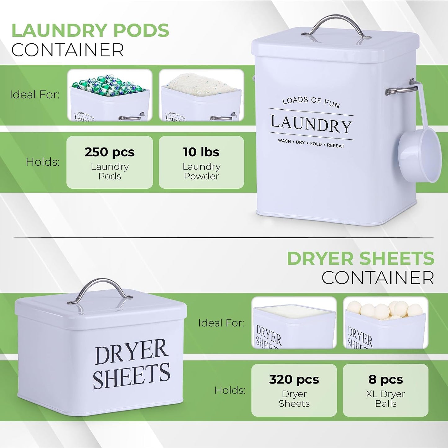 Metal Laundry Detergent Container Set for Powder, Pods and Dryer Sheets, 2 Galvanized Canisters with Scoop, Airtight Silicone Gasket Lids, 10 Lb Capacity, White