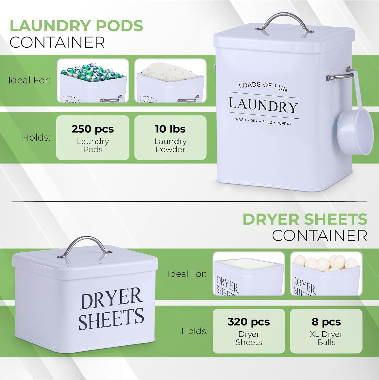 Metal Laundry Detergent Container Set for Powder, Pods and Dryer Sheets, 2 Galvanized Canisters with Scoop, Airtight Silicone Gasket Lids, 10 Lb Capacity, White