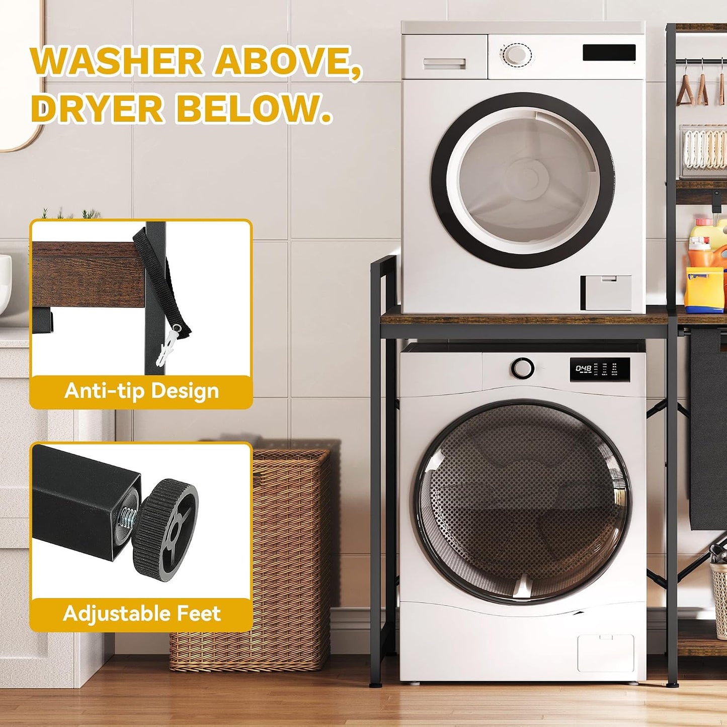 over Washer and Dryer Shelves, Laundry Room Organization with Removable Pull-Out Hamper, Hanging Rods, Metal Hooks, Heavy-Duty Laundry Countertop with Non-Tipping Kits, Retro Color