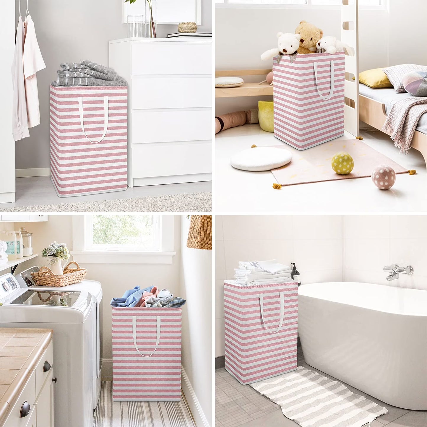 3Pcs 75L Laundry Basket, Laundry Hamper, Collapsible Laundry Baskets, Laundry Bags, Waterproof with Foam Protected Aluminum Handles, White & Pink
