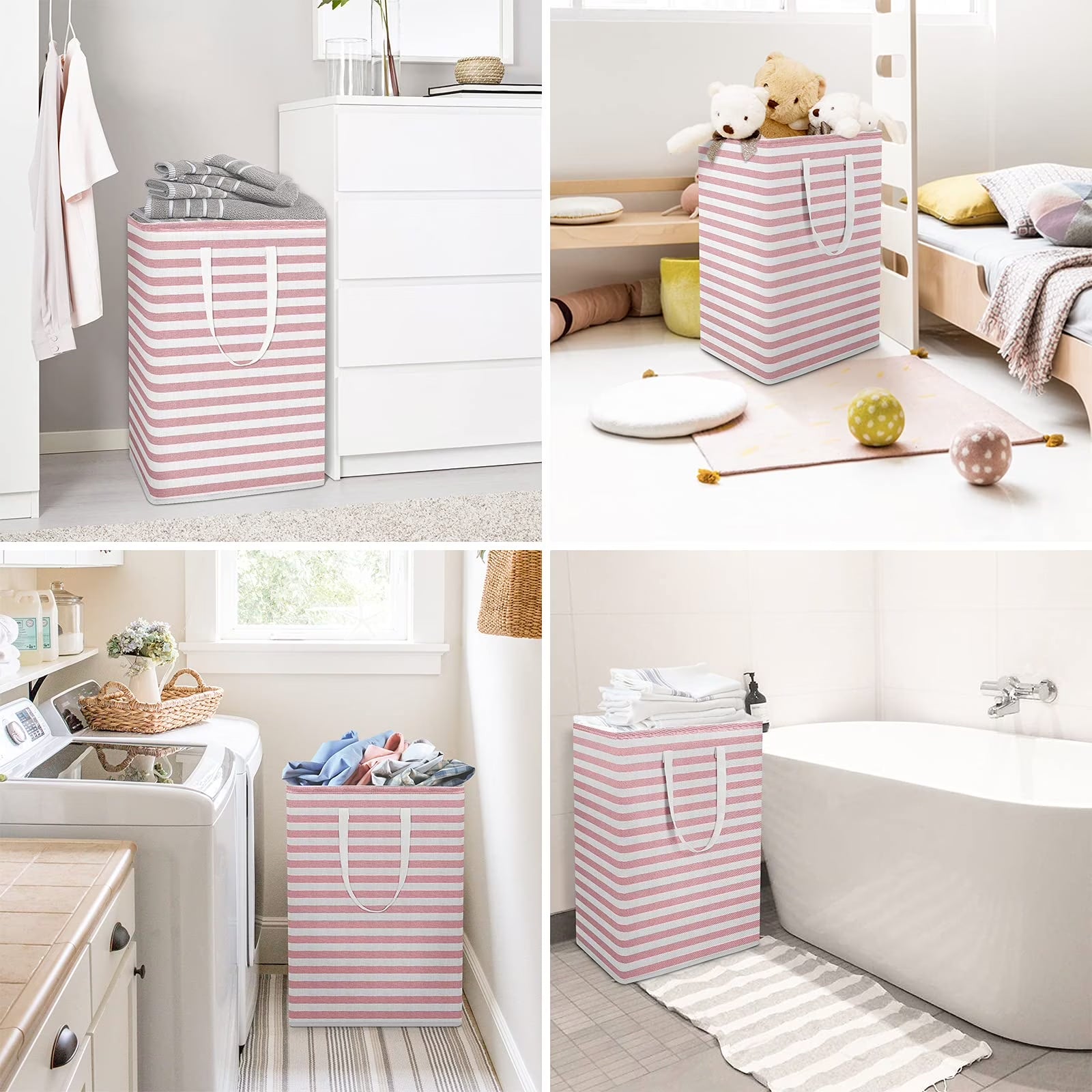 3Pcs 75L Laundry Basket, Laundry Hamper, Collapsible Laundry Baskets, Laundry Bags, Waterproof with Foam Protected Aluminum Handles, White & Pink