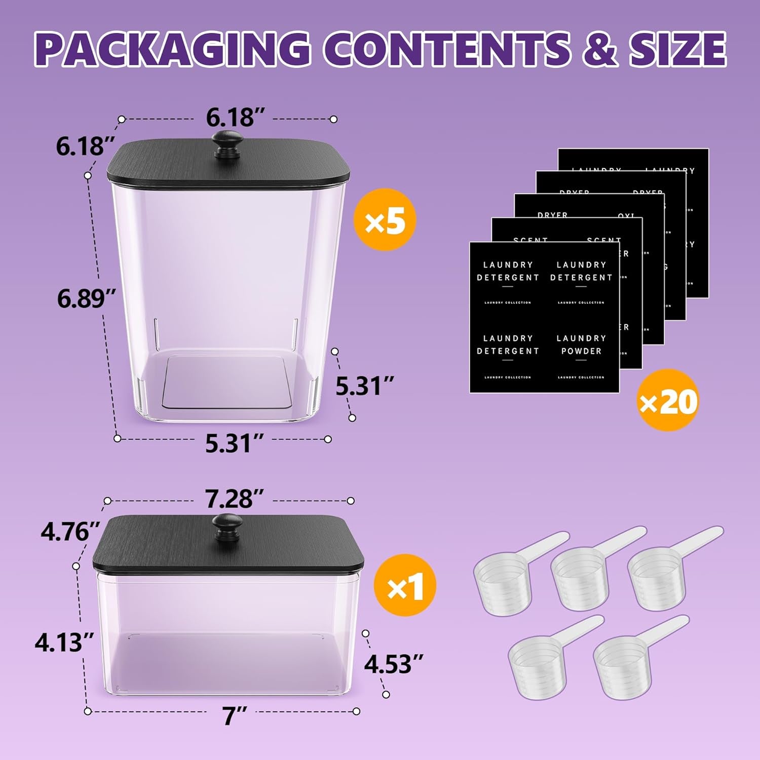 5+1Pack Laundry Pods Container, Clear Laundry Room Organization Containers,Large Detergent Powder Storage, Black Wooden Lids & Labels, Acrylic Pods Holder