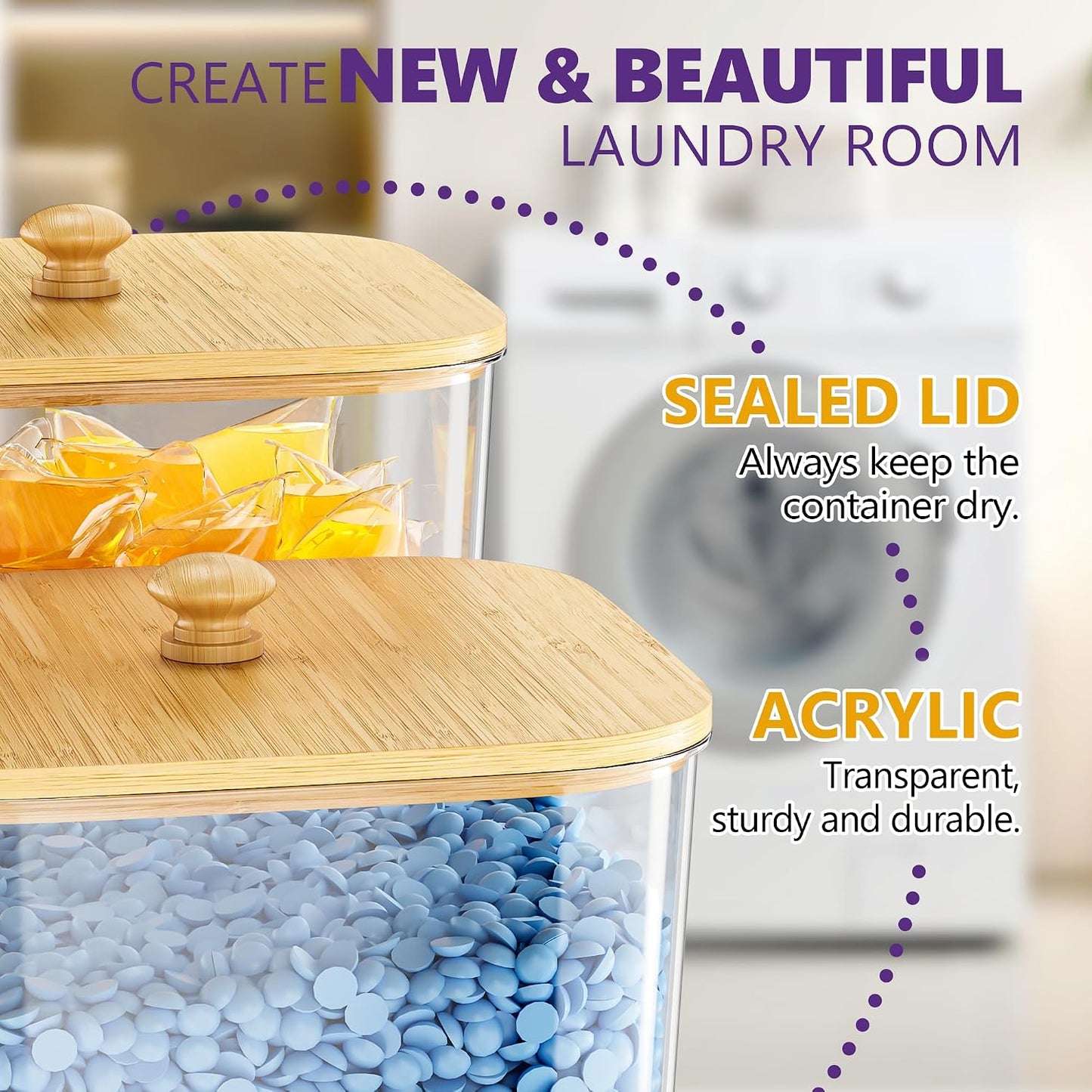 3+1 Pack Bamboo Laundry Pods Container, Clear Laundry Room Organization Containers,Large Laundry Detergent Powder Storage Containers Lids & Labels, Acrylic Laundry Pods Holder for Scent Booster