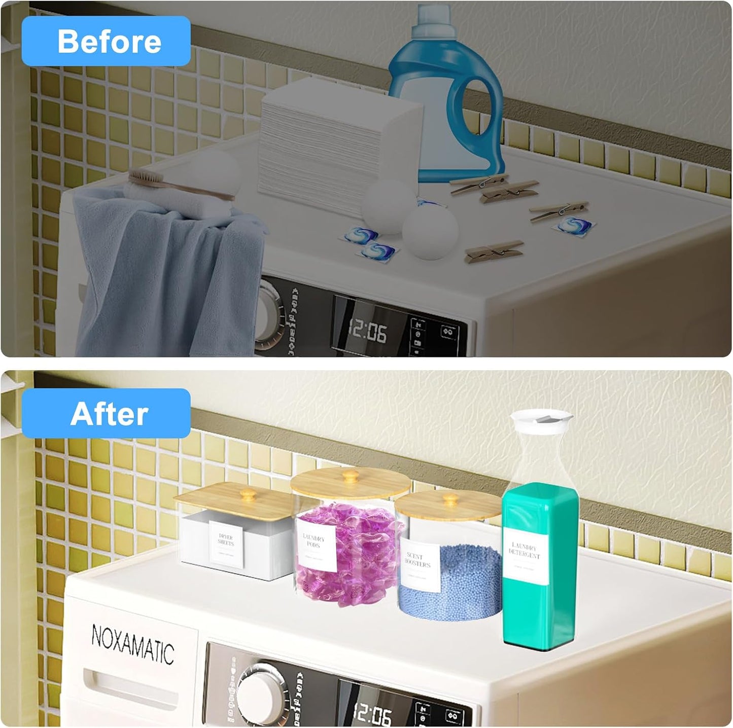 3+1 Pack Laundry Pods Containers & Dryer Sheet Holder & Laundry Detergent Dispenser, Laundry Room Organization and Storage Jars with Lids, Labels and Scoops for Scent Booster, Powder, Pods