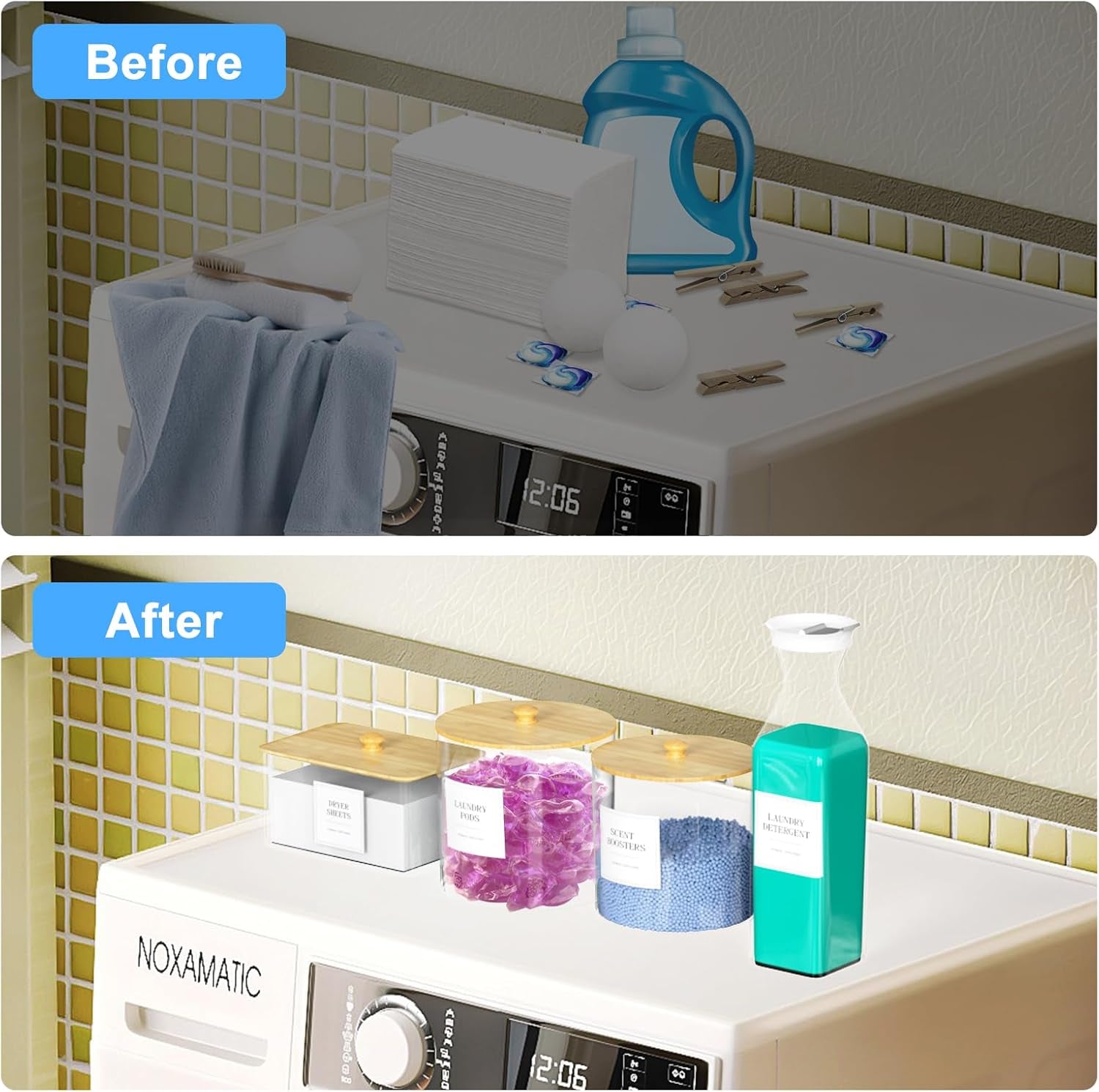 3+1 Pack Laundry Pods Containers & Dryer Sheet Holder & Laundry Detergent Dispenser, Laundry Room Organization and Storage Jars with Lids, Labels and Scoops for Scent Booster, Powder, Pods