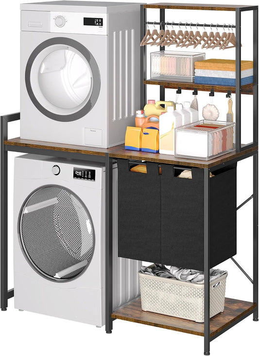 over Washer and Dryer Shelves, Laundry Room Organization with Removable Pull-Out Hamper, Hanging Rods, Metal Hooks, Heavy-Duty Laundry Countertop with Non-Tipping Kits, Retro Color