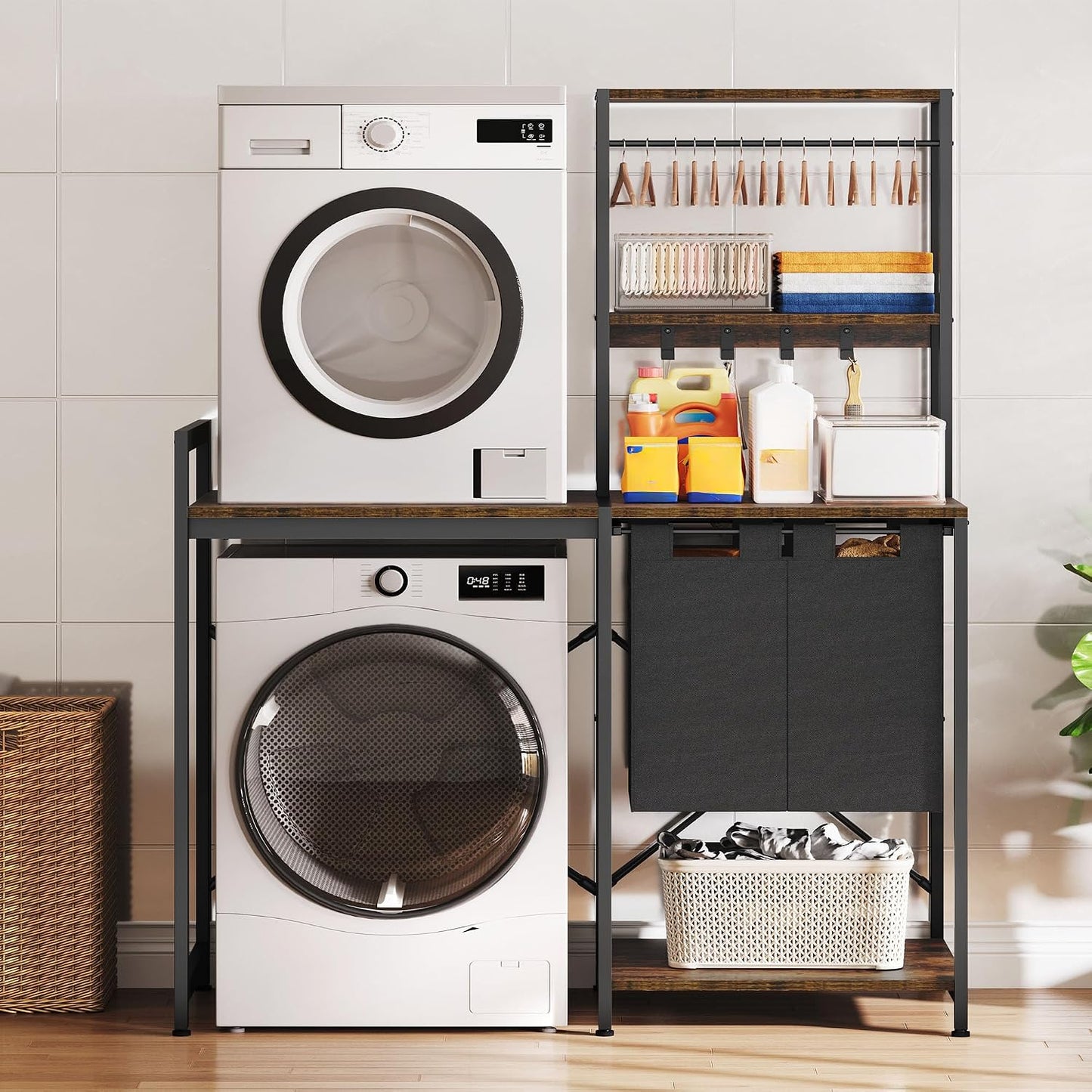 over Washer and Dryer Shelves, Laundry Room Organization with Removable Pull-Out Hamper, Hanging Rods, Metal Hooks, Heavy-Duty Laundry Countertop with Non-Tipping Kits, Retro Color
