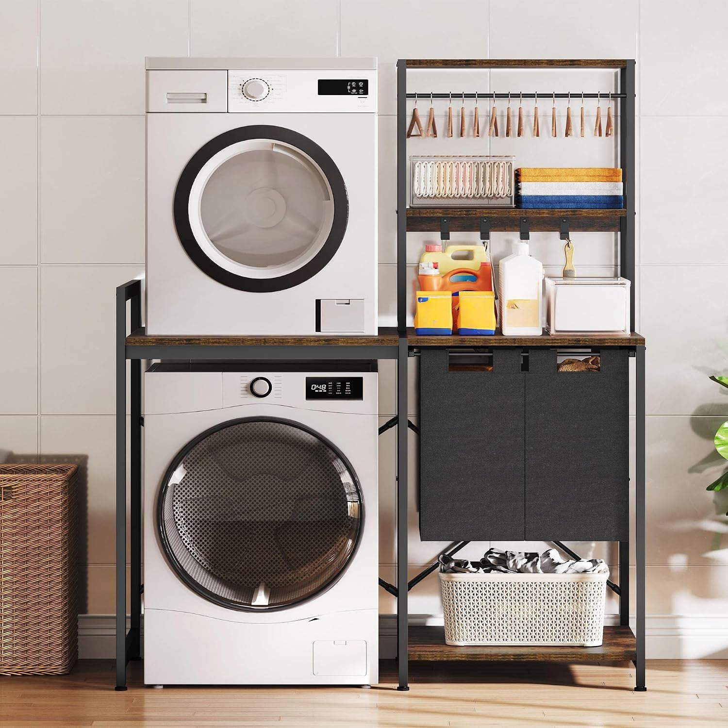 over Washer and Dryer Shelves, Laundry Room Organization with Removable Pull-Out Hamper, Hanging Rods, Metal Hooks, Heavy-Duty Laundry Countertop with Non-Tipping Kits, Retro Color