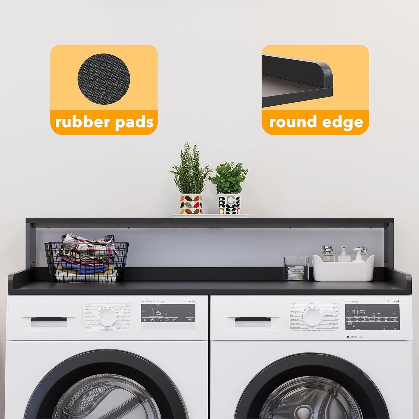 2-Tier Washer Dryer Countertop, Laundry Topper with Rack Shelf 54" Width X 27.5" Depth X 10" Height Organizer Cover for Washer and Dryer Laundry Hamper Counter Storage (Black)
