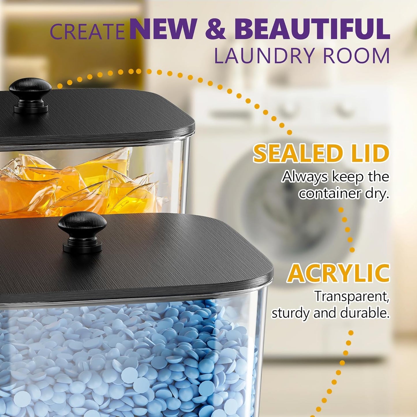 5+1Pack Laundry Pods Container, Clear Laundry Room Organization Containers,Large Detergent Powder Storage, Black Wooden Lids & Labels, Acrylic Pods Holder