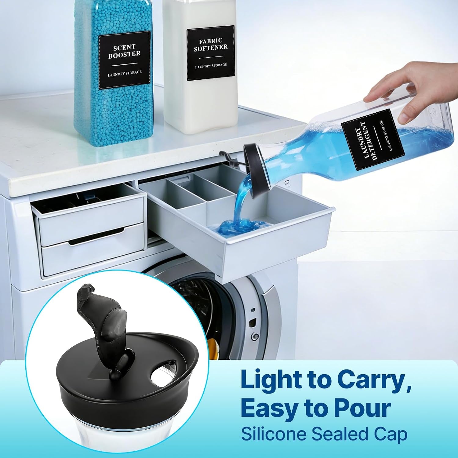 3 Pack Laundry Detergent Dispenser, Soap & Fabric Softener Dispenser, 54Oz Detergent Containers, Laundry Room Organization and Storage Plastic Bottle for Scent Booster, Powder, Bleach (Height 12.2'')