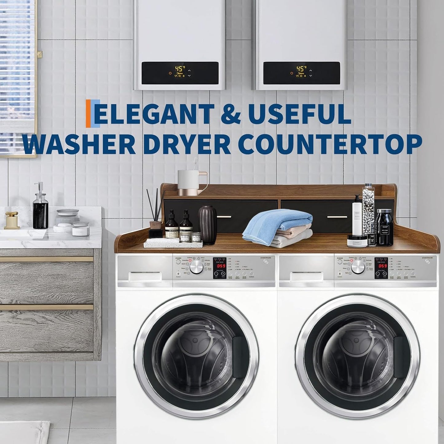 2-Tier Washer Dryer Countertop with 2 Drawers, 54" W X 27.55" D Laundry Countertop with 2.75" H Edge Rails, Washer and Dryer Topper with Non-Slip Pad for Laundry Room Organization and Storage