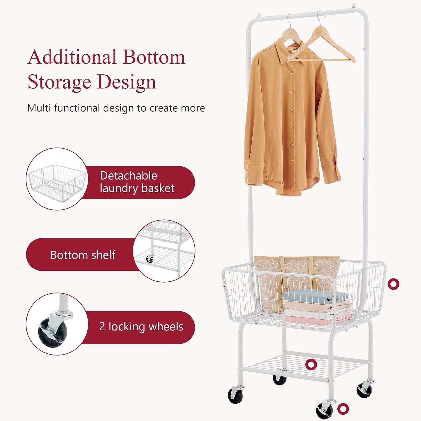 Laundry Cart with Hanging Rack, Metal Laundry Basket with Wheels, Laundry Hamper with Storage Basket and Shelf, Rolling Laundry Cart with Wheels, White