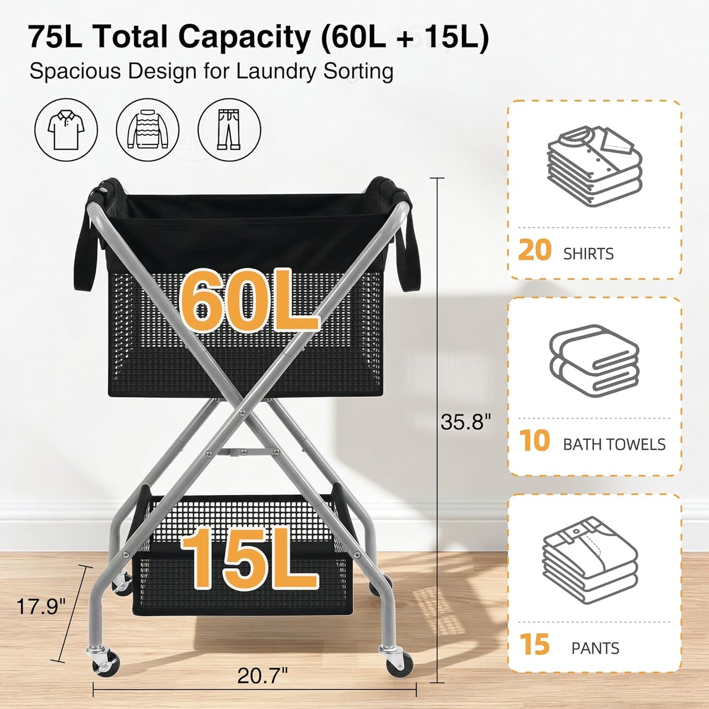 2-Tier Foldable Laundry Cart with Wheels, 75L Tall Rolling Laundry Hamper, Collapsible Laundry Basket with Removable Bag, Rust-Resistant Steel Frame for Laundry Room, Bathroom, Dorm, Black