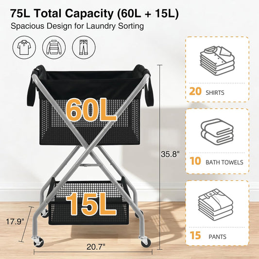 2-Tier Foldable Laundry Cart with Wheels, 75L Tall Rolling Laundry Hamper, Collapsible Laundry Basket with Removable Bag, Rust-Resistant Steel Frame for Laundry Room, Bathroom, Dorm, Black
