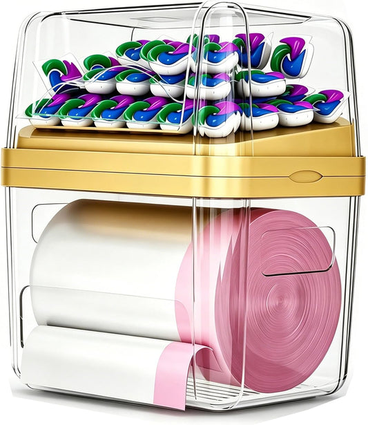 2-In-1 Trash Bag Dispenser & Laundry/Dishwasher Pods Container, Clear Acrylic Garbage Bag Holder with Removable Lids, under Sink Organizer Kitchen Pantry Storage Box