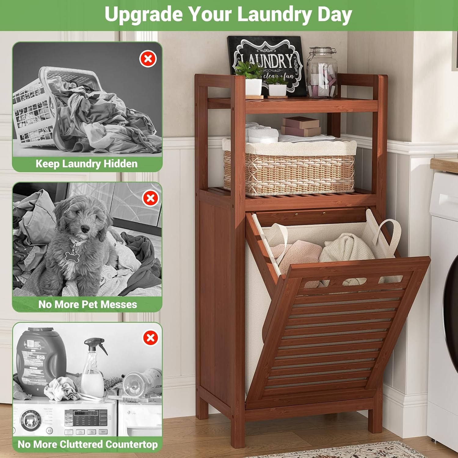 Tilt Out Laundry Hamper, 10 Gal Bamboo Laundry Storage Cabinet with Removable Basket, Hidden Hamper Organizer with Shelf for Dirty Clothes, Bathroom, Laundry Room, Space Saving, Walnut